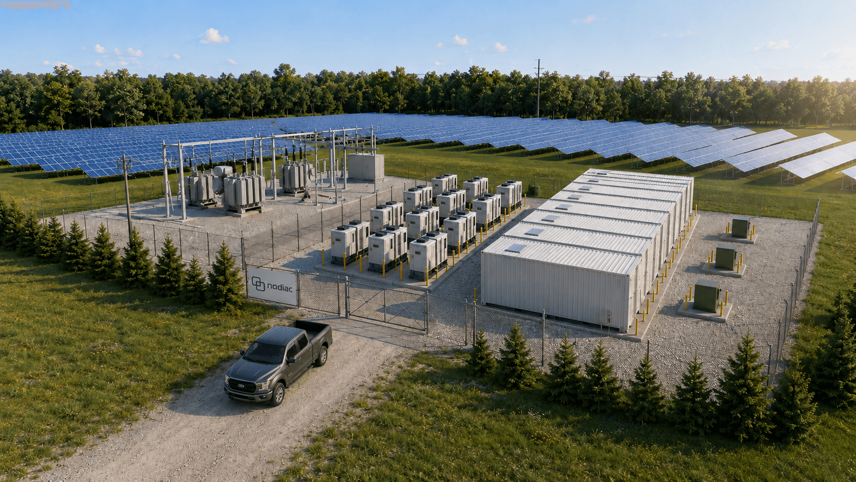Rendering of a Nodiac modular data center on a small site with adjacent solar and an existing substation