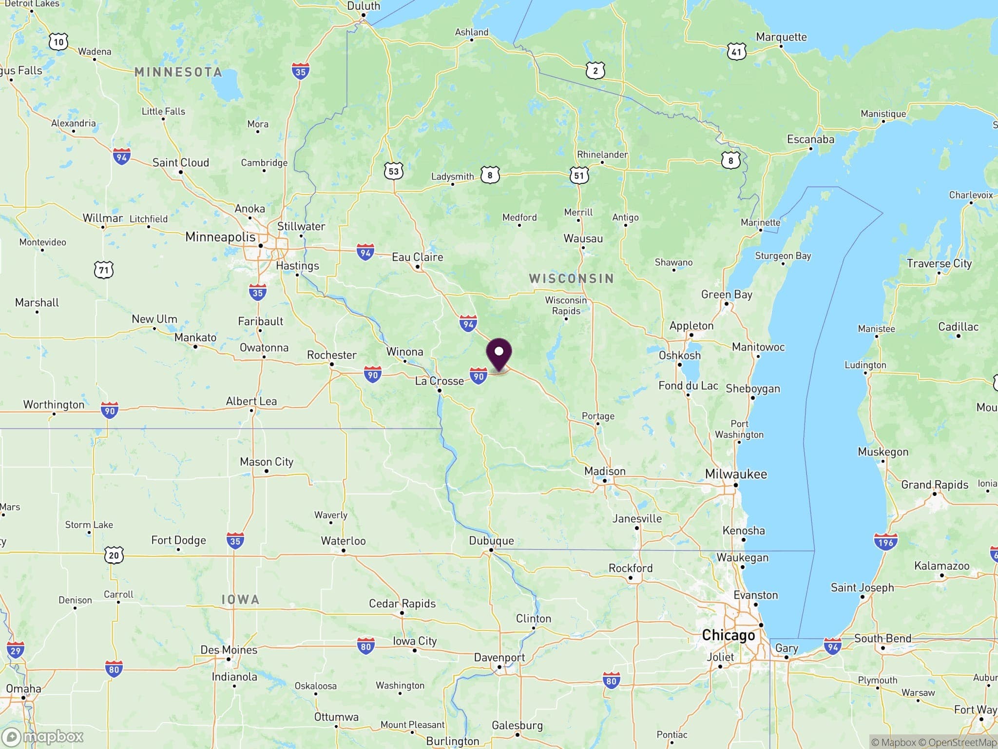 Locator map: the site is in Monroe County, west-central Wisconsin, near Tomah where I-90 and I-94 meet
